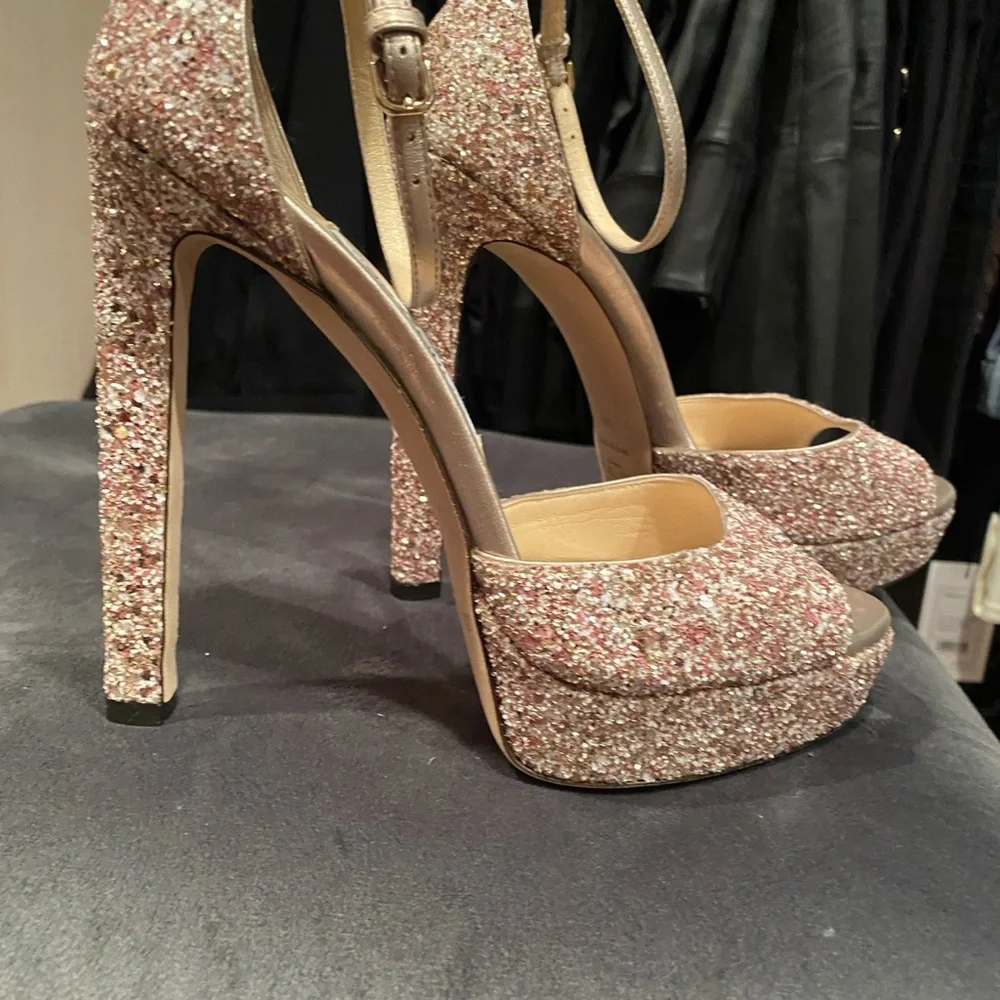 Jimmy Choo Rose Gold Glitter Platform Sandals